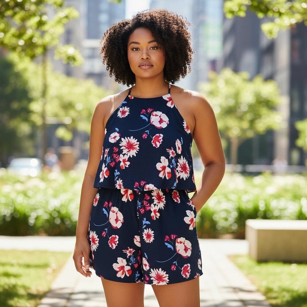 NWOT Mud Pie Moonlight Garden Palmer Romper Navy Floral Halter Style Jumper L
